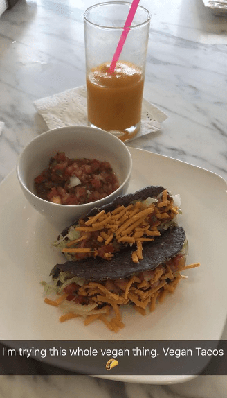  The reality star shared her new vegan diet with fans on Snapchat, starting with this dish of vegan tacos