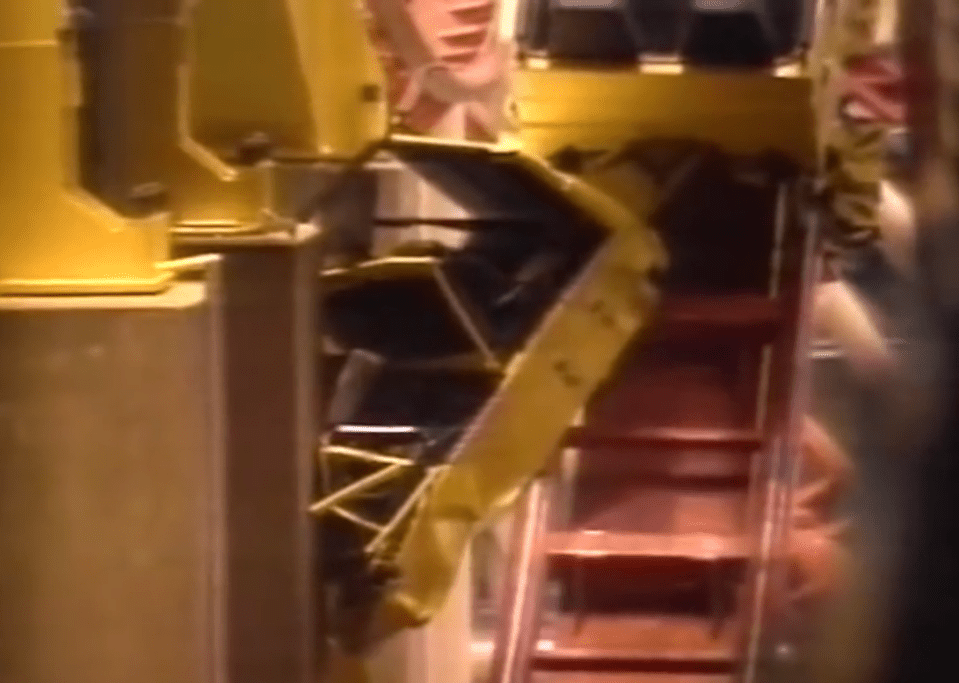  A buckled carriage can be seen where it crashed on the Mindbender ride at West Edmonton Mall in Canada