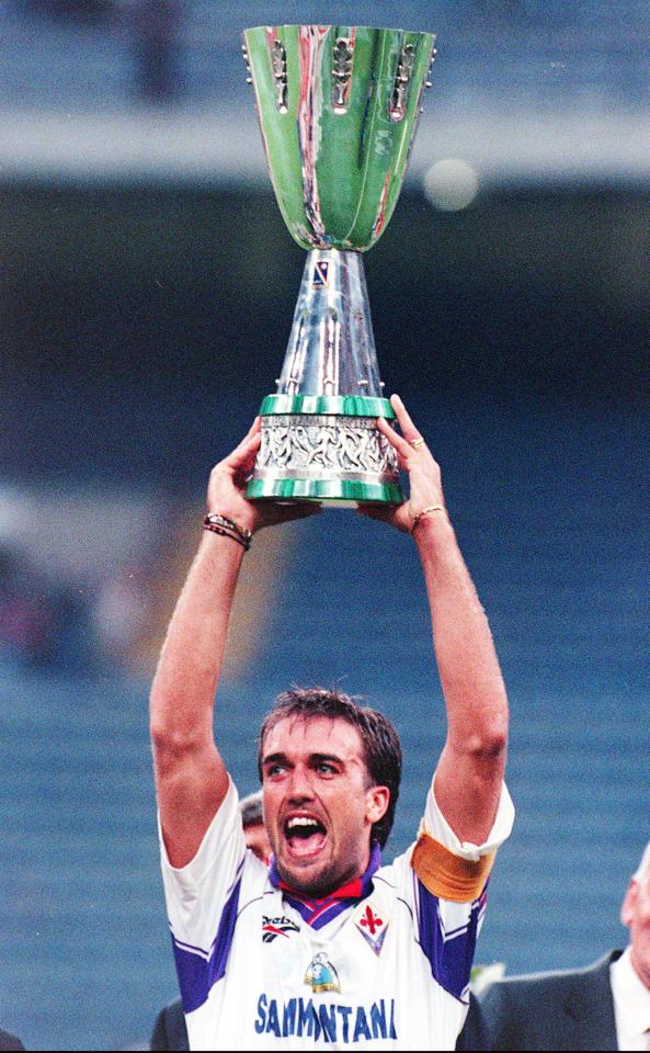  Captain Gabriel Batistuta holds aloft Supercoppa Italian won in 1996