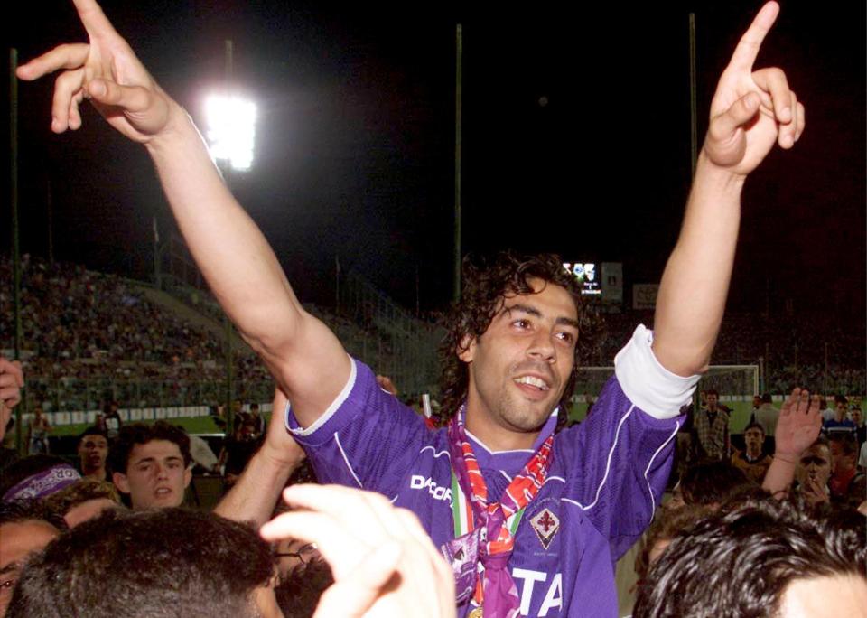  Manuel Rui Costa celebrates as Fiorentina claim 2001 Coppa Italia