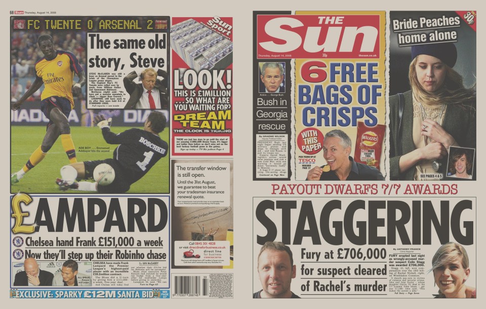 The Sun's front page from 14th August 2008 reporting on the then-record £706,000 payout 