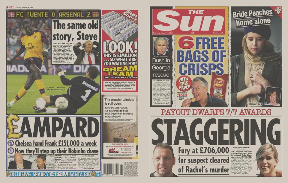  The Sun's front page from 14th August 2008 reporting on the then-record £706,000 payout