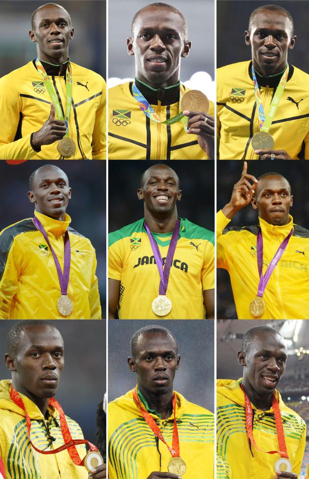  A combination of nine pictures made on August 20, 2016 shows Jamaica's sprinter Usain Bolt posing with his gold Olympic medals