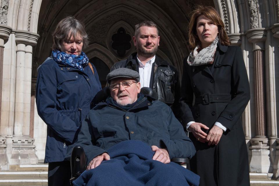  Terminally-ill Noel Conway outside The Royal Courts of Justice with his wife Carol (left), stepson Terry McCusker (centre back) and Sarah Wootton, CEO of Dignity in Dying (right)