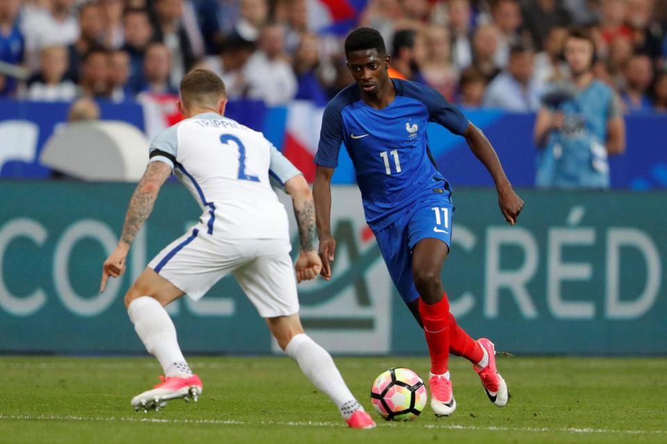  Trippier in action on his England debut up against Ousmane Dembele