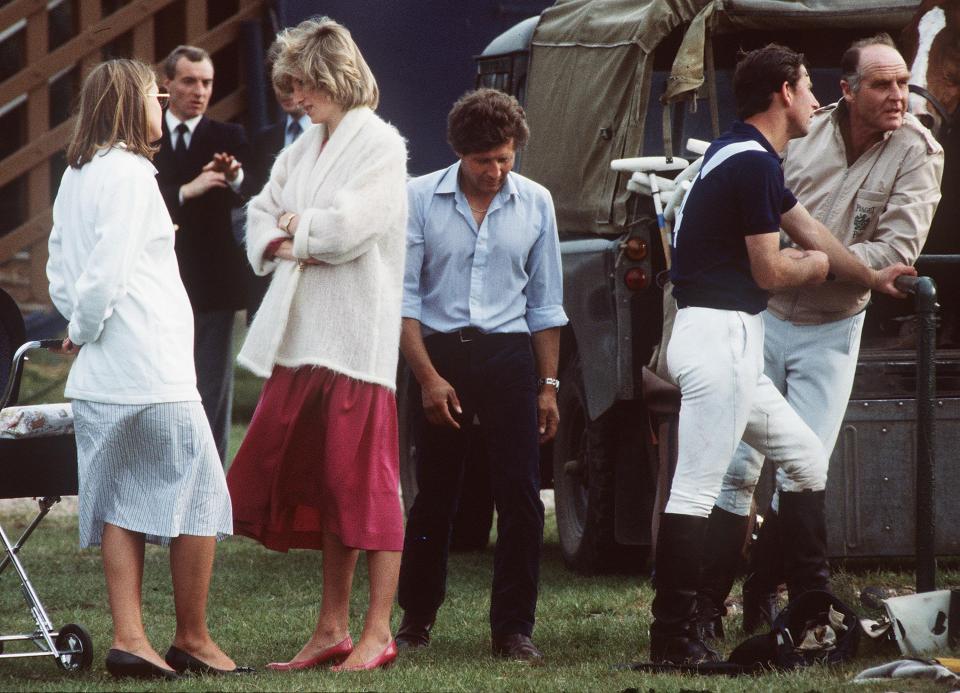  Princess Diana while pregnant with Prince Harry in 1984 chatting at the polo as Mannakee (far left) looks on