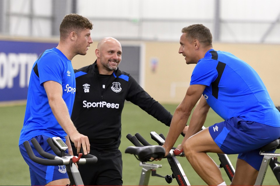 Barkley shares joke with Phil Jagielka at Finch Farm training ground