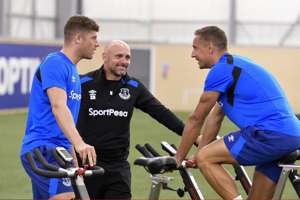  Barkley shares joke with Phil Jagielka at Finch Farm training ground