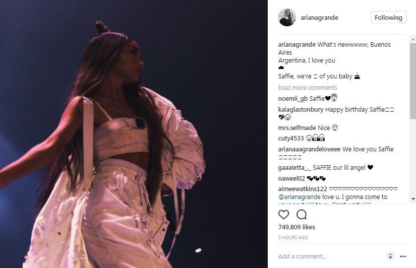  US popstar Ariana Grande posted 'Saffie, we're [thinking] of you baby' alongside a birthday cake emoji