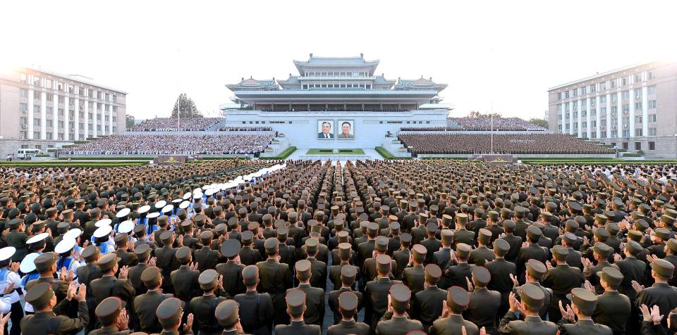  Army personnel and people gather at Kim Il-sung Square in Pyongyang to celebrate the successful test-launch of intercontinental ballistic rocket Hwasong-14