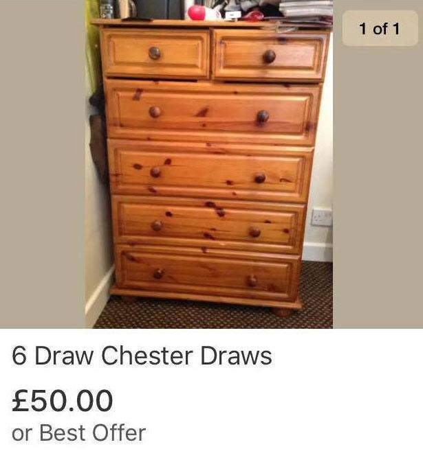  There seemed to some confusion about the term 'chest of draws' here