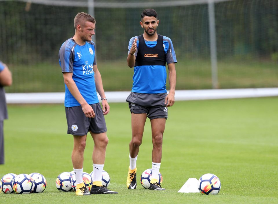  Riyad Mahrez with Jamie Vardy after Leicester training on Friday