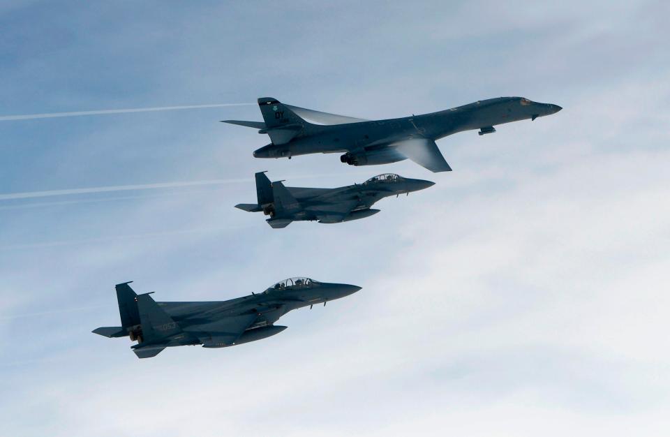  The B-1B Lancer (top) was joined by South Korean and American fighter jets