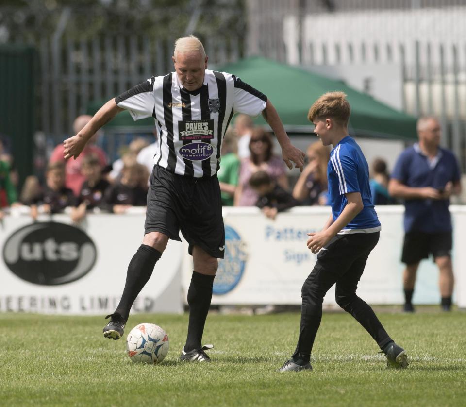  Paul Gascoigne shows he still has some of his old trickery with the ball at his feet