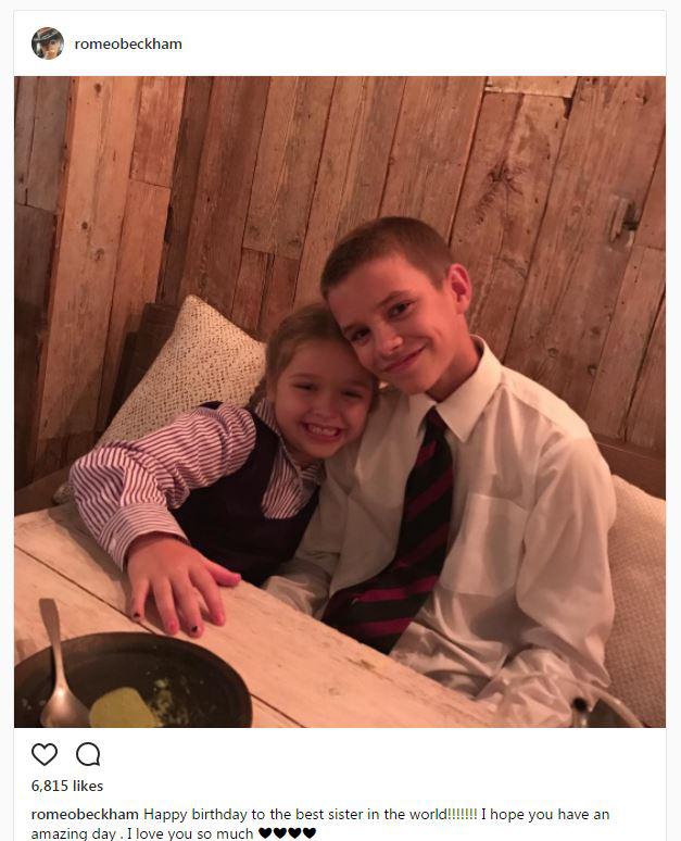  Romeo Beckham shared a snap of himself and Harper in a restaurant