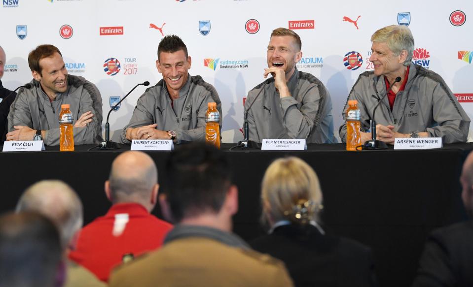  Petr Cech, Laurent Koscielny, Per Mertesacker and Arsene Wenger at Arsenal's pre-season press conference in Sydney