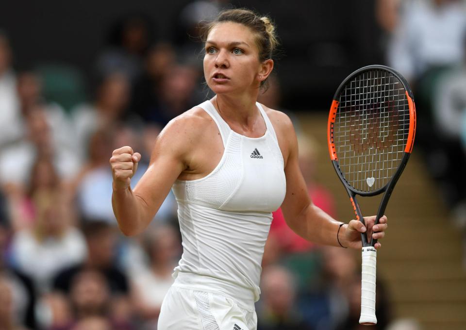  Simona Halep celebrates winning a set against Johanna Konta... but her victory was short lived