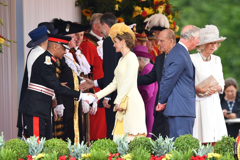 Queen Letizia, Queen Elizabeth II, Prince Philip, Prince Charles, Camilla Duchess of Cornwall have all been pictured at the ceremonial welcome at Horse Guards Parade as part of the Spanish Royal Family’s state visit