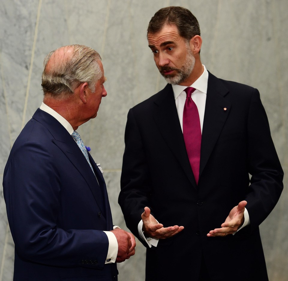 Prince Charles was pictured speaking with Spain’s King Felipe