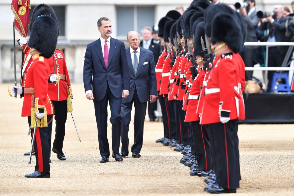 King Felipe VI and Prince Philip pictured at the Horse Guards Parade in London