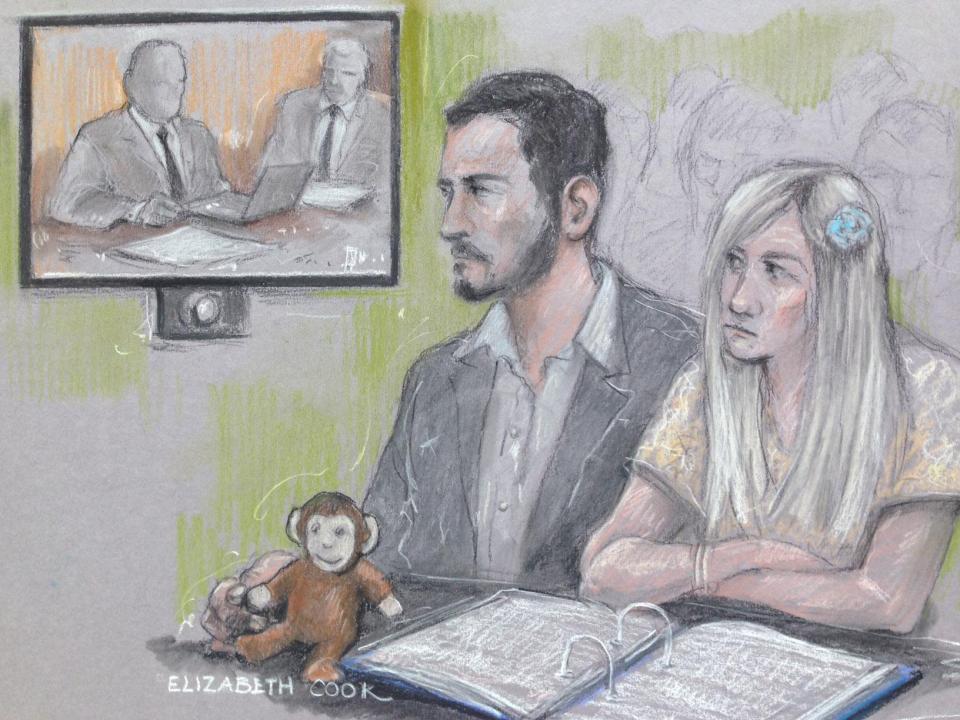  A court sketch from today's hearing shows Chris and Connie listening, with Charlie's toy monkey on the bench in front of them