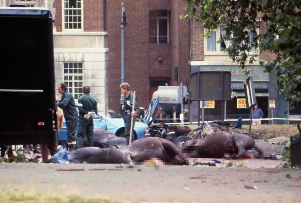  Carcasses of the horses lie in the road in Hyde Park after the IRA car bomb