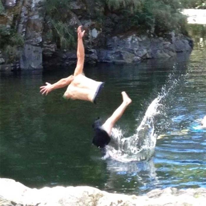  Falling apart: A guy took a panoramic as his friend dived into the sea - and the end result appears to show his body coming apart