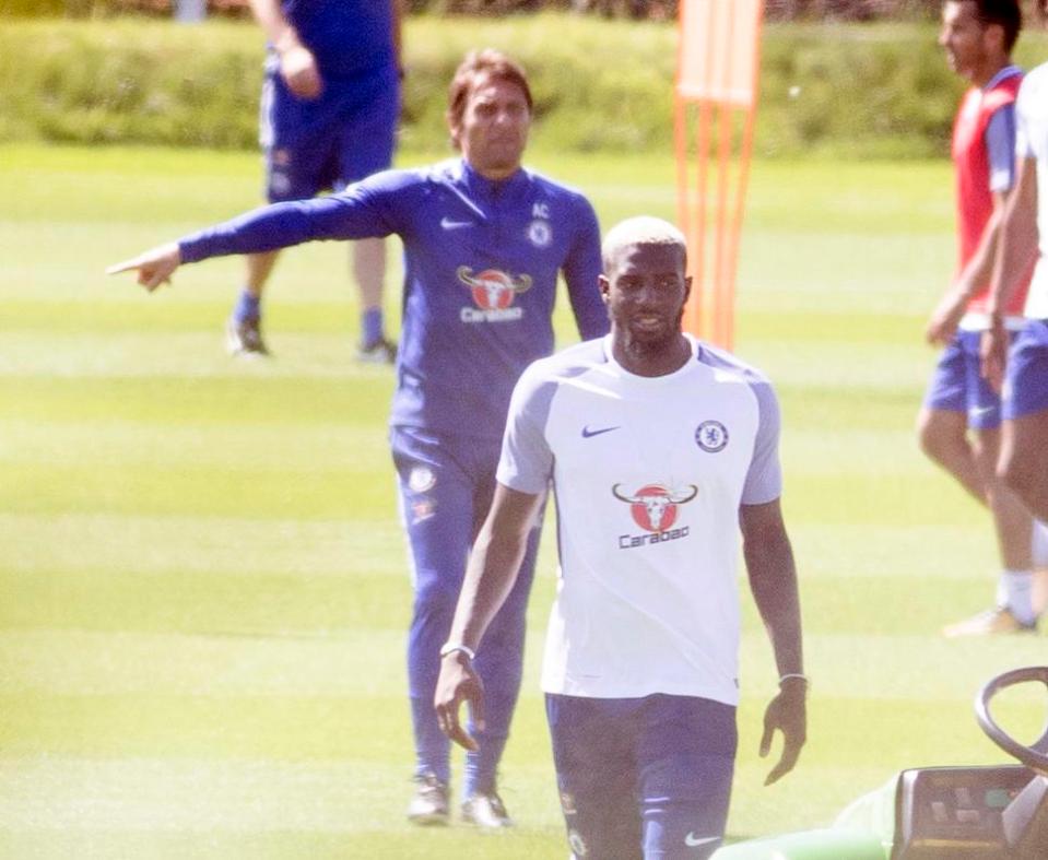  The French star was at Cobham as the Blues continued their pre-season preparations