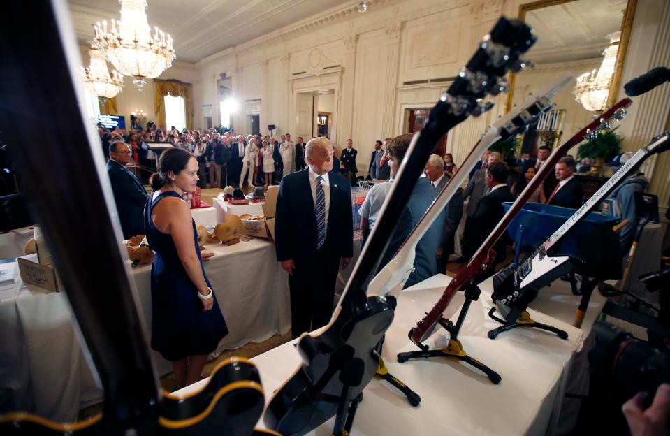  He also admired a range of electric guitars in the East Room of the White House