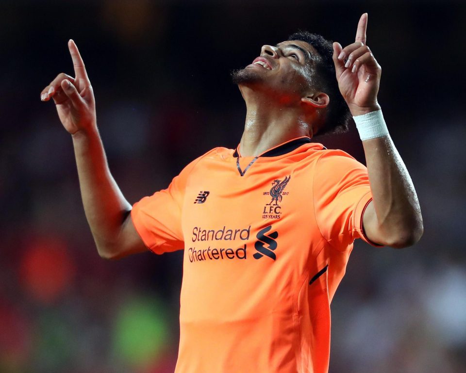  Dominic Solanke celebrates after scoring his first goal for Liverpool, in a pre-season friendly against Crystal Palace