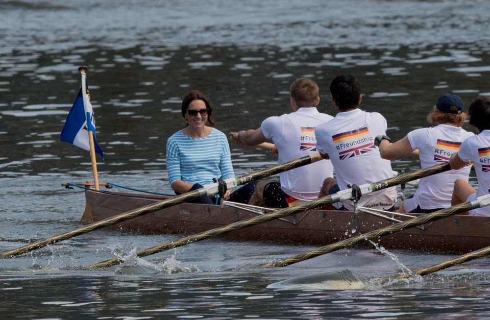 Thousands had lined the River  Neckar in Heidelberg to see the pair cox rival boats — with William seeking revenge for Kate’s  2014 sailing regatta victory