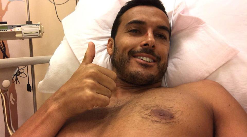 Pedro gives the thumbs up from his hospital bed but he is flying back to London to recover from his concussion