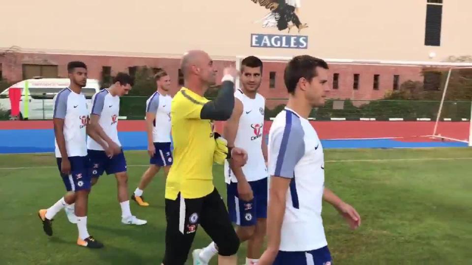 Alvaro Morata takes part in his first training session for Chelsea this morning