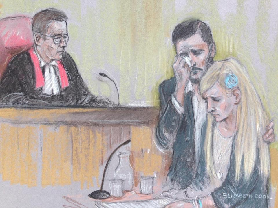  A court sketch of the devastated couple reading a statement to the judge today