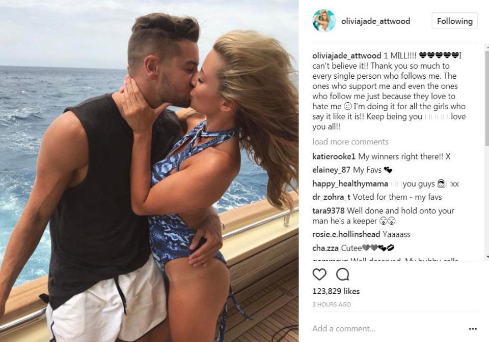  Olivia Attwood celebrated reaching one million Instagram followers with a huge snog with Love Island boyfriend Chris Hughes