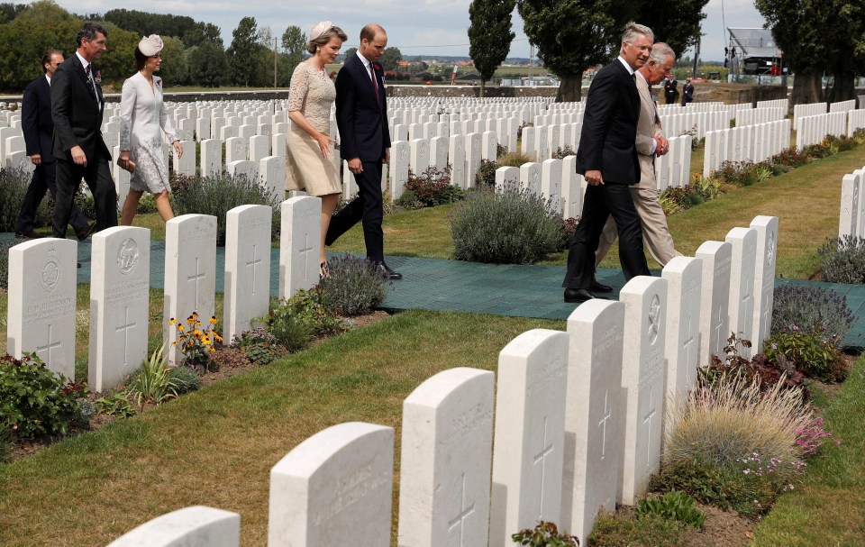 Charles, King Philippe, William, Queen Mathilde and Kate arrive at the cemetery today