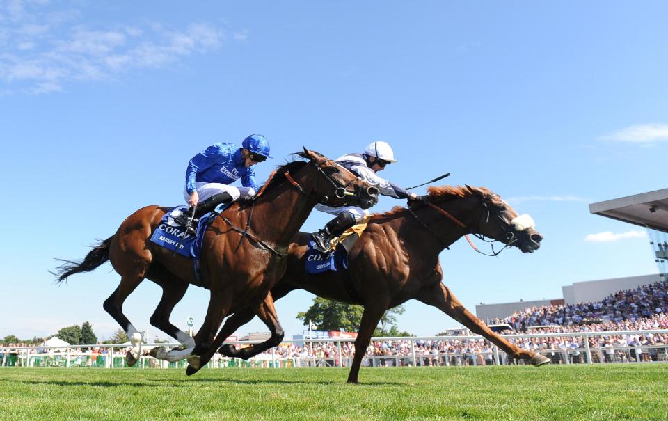  Ulysses (right) noses ahead of Barney Roy at Sandown