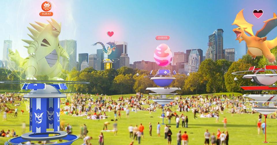  This image illustrates how Pokemon Go players will come together in a certain location to take part in virtual battles called Raids