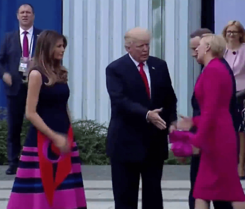 Donald Trump went in for a handshake with Agata Kornhauser-Duda, Poland’s first lady, but she appeared to snub him