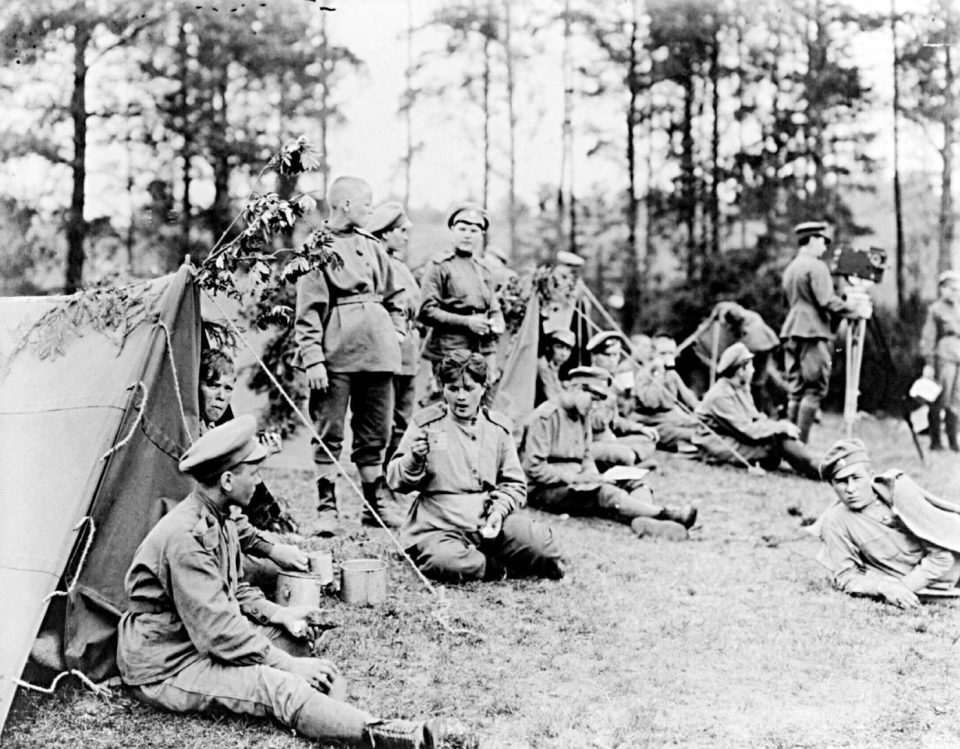  One of the Russian women's battalions from Petrograd relaxing outside their tents in summer 2017.