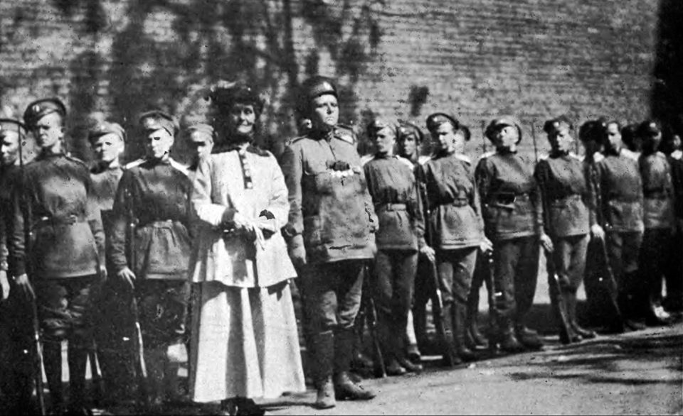  Leader of the suffragettes Emmeline Pankhurst standing next to Maria Bochkareva and women of the Battalion of Death during her visit to Russia during the summer of 1917.