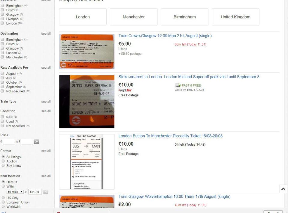  Train tickets for sale on eBay, which have now been removed