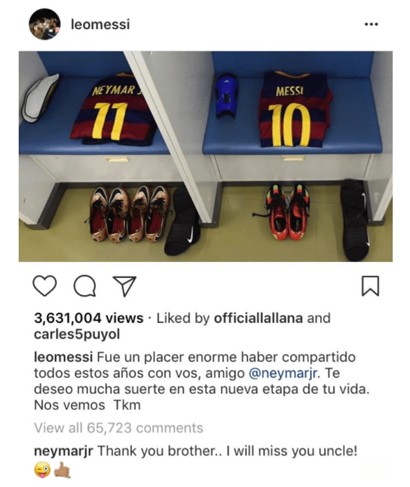  Neymar replied to Lionel Messi's Instagram post wishing him well in Paris