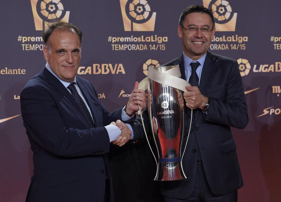  La Liga boss Javier Tebas (left) is now preparing to step in and veto a deal