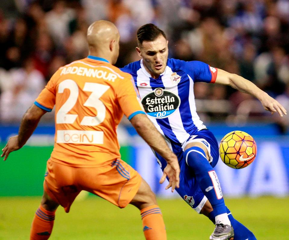  Perez in action for Deportivo against Valencia at the Riazor stadium in January, 2016