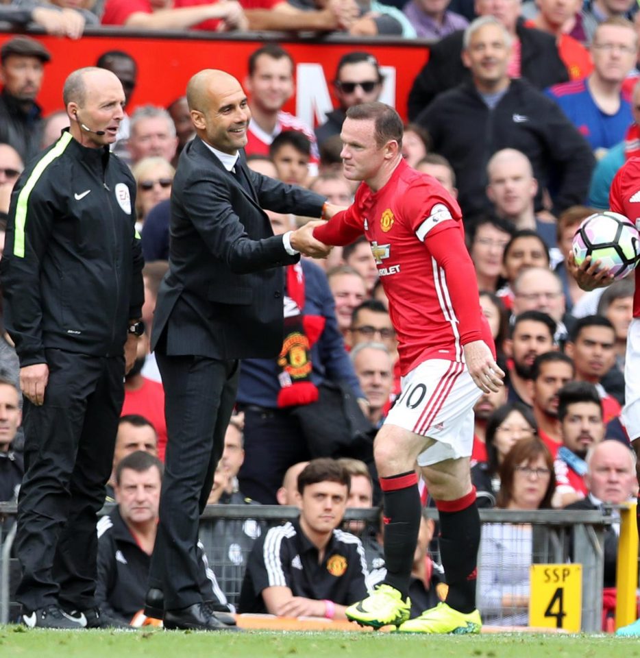  Pep Guardiola and Wayne Rooney during Manchester City's meeting with United last term