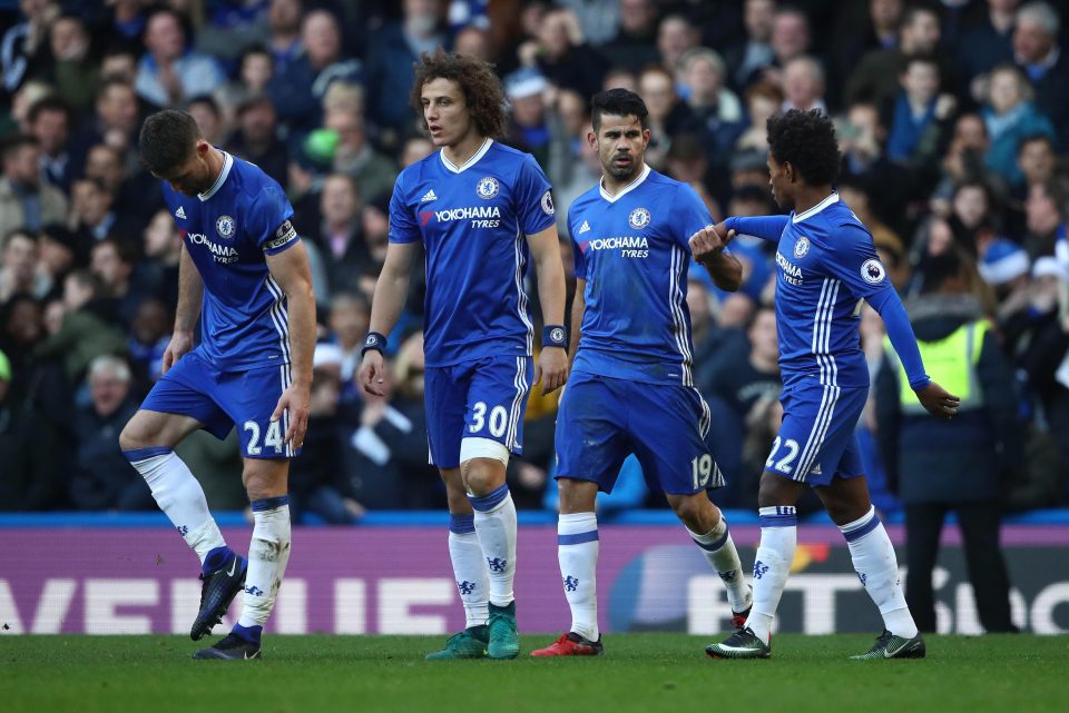 Costa is close with David Luiz, Willian and Cesc Fabregas not pictured)