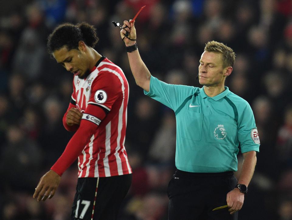  The Dutch defender receives a red card during a Premier League fixture against West Brom