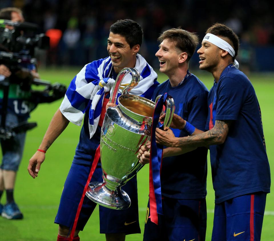  Luis Suarez, Lionel Messi and Neymar celebrate 2015 Champions League success