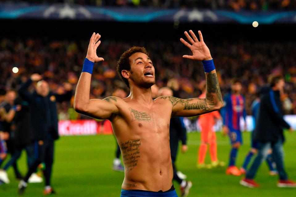  Neymar celebrates after scoring for Barcelona against Paris Saint-Germain